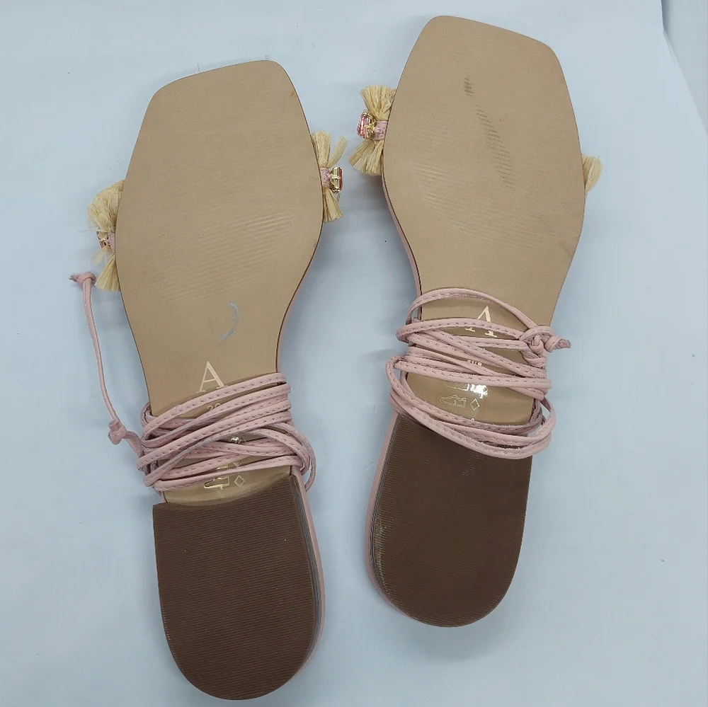Anthropologie Embellished Tie Up Pink/Rose Raffia Square Toe Sandals Sz 39 US8.5